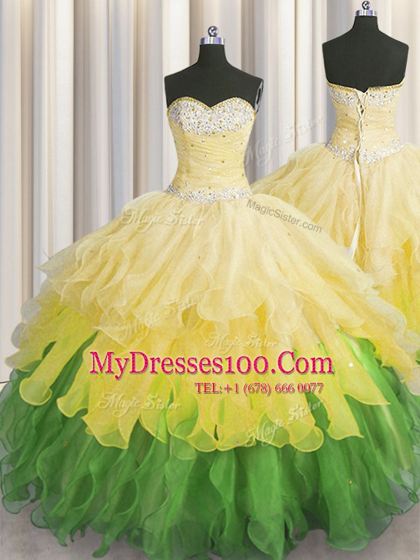 Top Selling Multi-color Lace Up Sweetheart Beading and Ruffles and Ruffled Layers and Sequins Sweet 16 Dress Organza Sleeveless