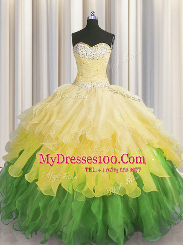 Top Selling Multi-color Lace Up Sweetheart Beading and Ruffles and Ruffled Layers and Sequins Sweet 16 Dress Organza Sleeveless