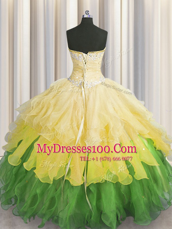 Top Selling Multi-color Lace Up Sweetheart Beading and Ruffles and Ruffled Layers and Sequins Sweet 16 Dress Organza Sleeveless