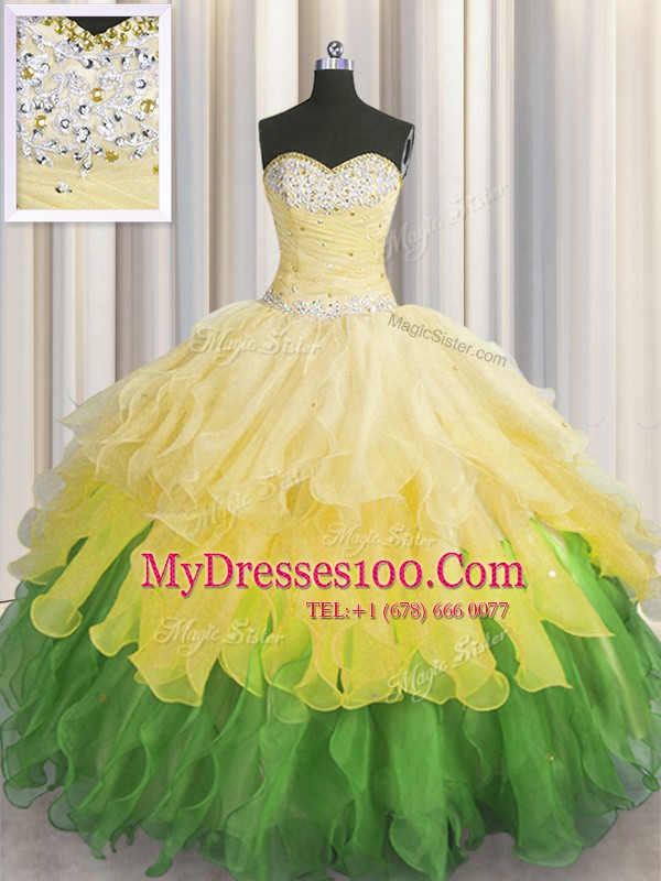 Top Selling Multi-color Lace Up Sweetheart Beading and Ruffles and Ruffled Layers and Sequins Sweet 16 Dress Organza Sleeveless
