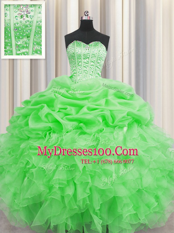 Visible Boning Sweetheart Sleeveless Quinceanera Gown Floor Length Beading and Ruffles and Pick Ups Green Organza