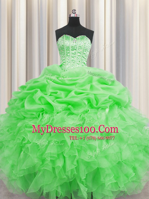 Visible Boning Sweetheart Sleeveless Quinceanera Gown Floor Length Beading and Ruffles and Pick Ups Green Organza