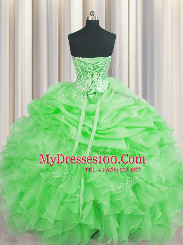 Visible Boning Sweetheart Sleeveless Quinceanera Gown Floor Length Beading and Ruffles and Pick Ups Green Organza