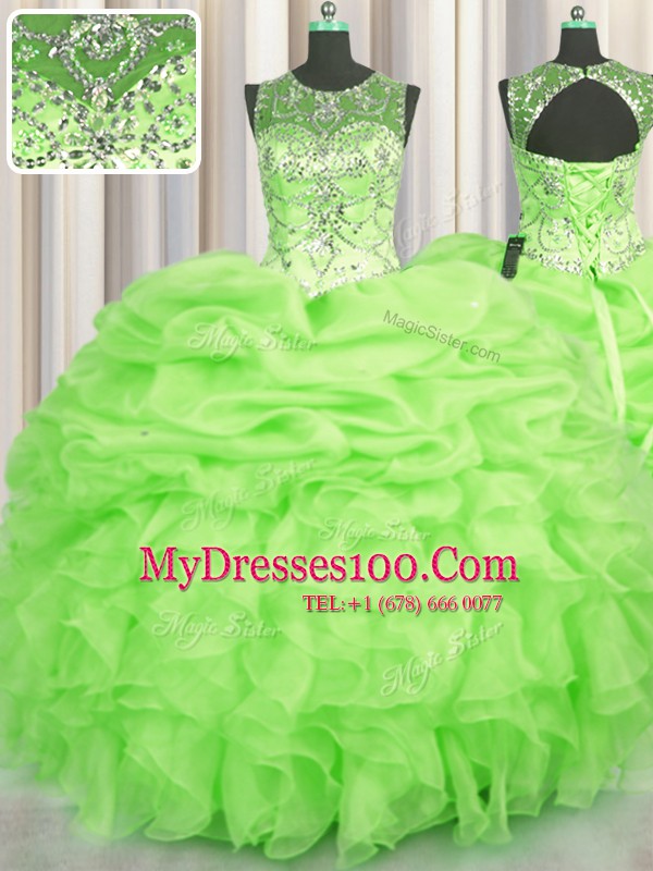 Simple See Through Sleeveless Organza Floor Length Lace Up Sweet 16 Dress in with Beading and Ruffles and Pick Ups