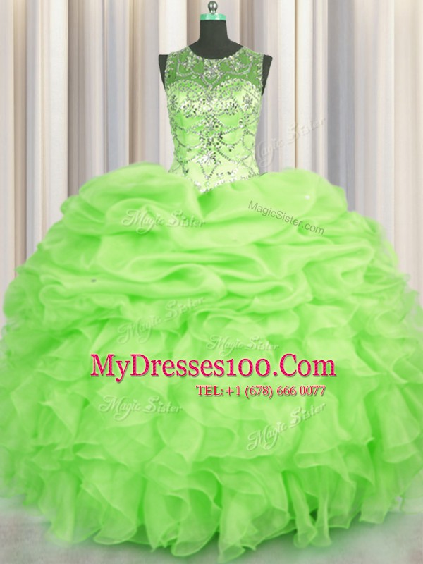 Simple See Through Sleeveless Organza Floor Length Lace Up Sweet 16 Dress in with Beading and Ruffles and Pick Ups