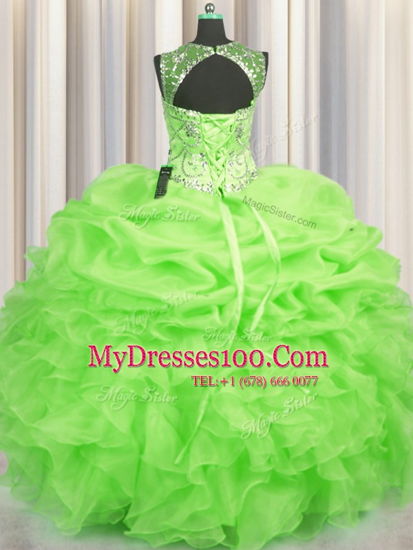 Simple See Through Sleeveless Organza Floor Length Lace Up Sweet 16 Dress in with Beading and Ruffles and Pick Ups