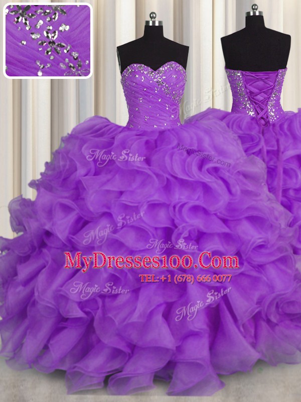 Dramatic Purple Sleeveless Floor Length Beading and Ruffles Lace Up Quinceanera Gowns