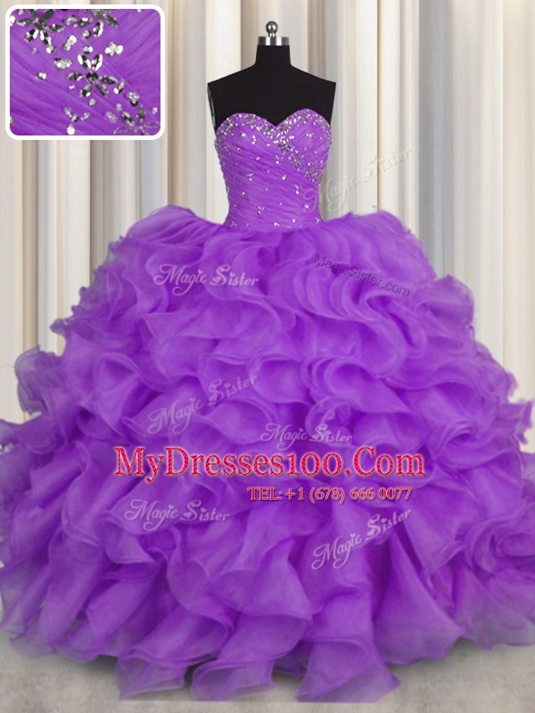 Dramatic Purple Sleeveless Floor Length Beading and Ruffles Lace Up Quinceanera Gowns