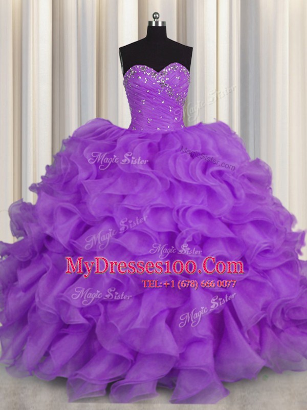 Dramatic Purple Sleeveless Floor Length Beading and Ruffles Lace Up Quinceanera Gowns