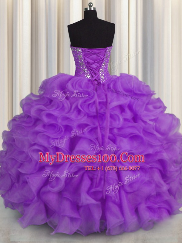 Dramatic Purple Sleeveless Floor Length Beading and Ruffles Lace Up Quinceanera Gowns
