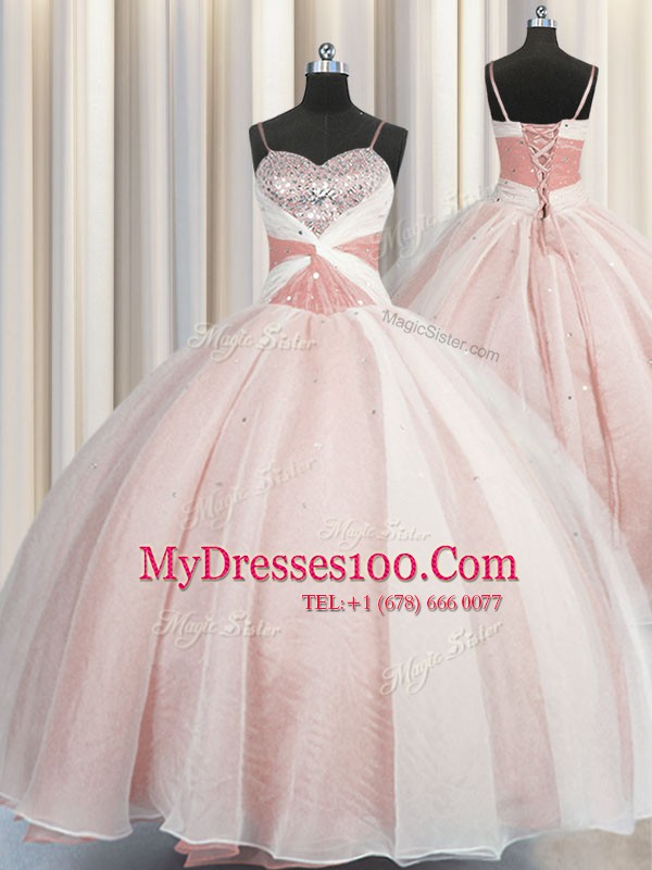Spaghetti Straps Sleeveless Lace Up 15 Quinceanera Dress Pink Organza