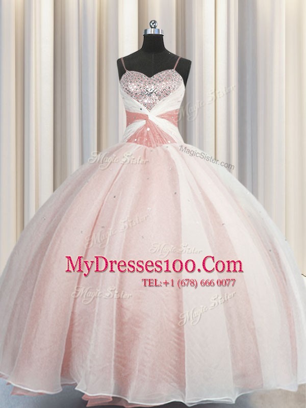 Spaghetti Straps Sleeveless Lace Up 15 Quinceanera Dress Pink Organza