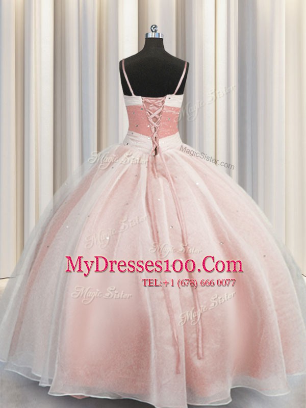 Spaghetti Straps Sleeveless Lace Up 15 Quinceanera Dress Pink Organza
