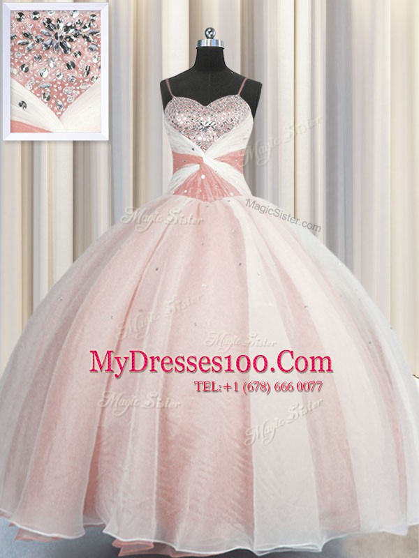 Spaghetti Straps Sleeveless Lace Up 15 Quinceanera Dress Pink Organza
