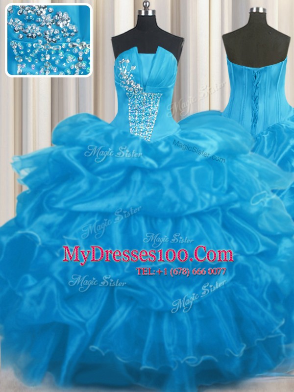 Elegant Baby Blue Organza Lace Up Strapless Sleeveless Floor Length Quinceanera Gowns Beading and Ruffles and Pick Ups