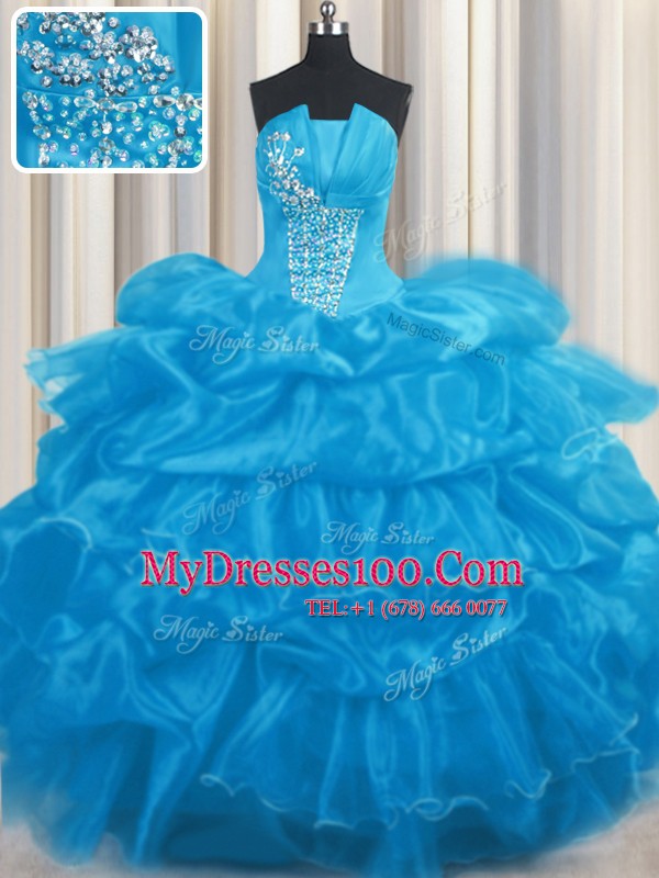 Elegant Baby Blue Organza Lace Up Strapless Sleeveless Floor Length Quinceanera Gowns Beading and Ruffles and Pick Ups