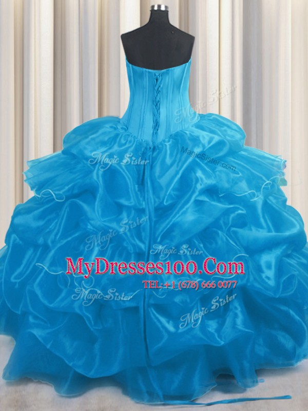 Elegant Baby Blue Organza Lace Up Strapless Sleeveless Floor Length Quinceanera Gowns Beading and Ruffles and Pick Ups