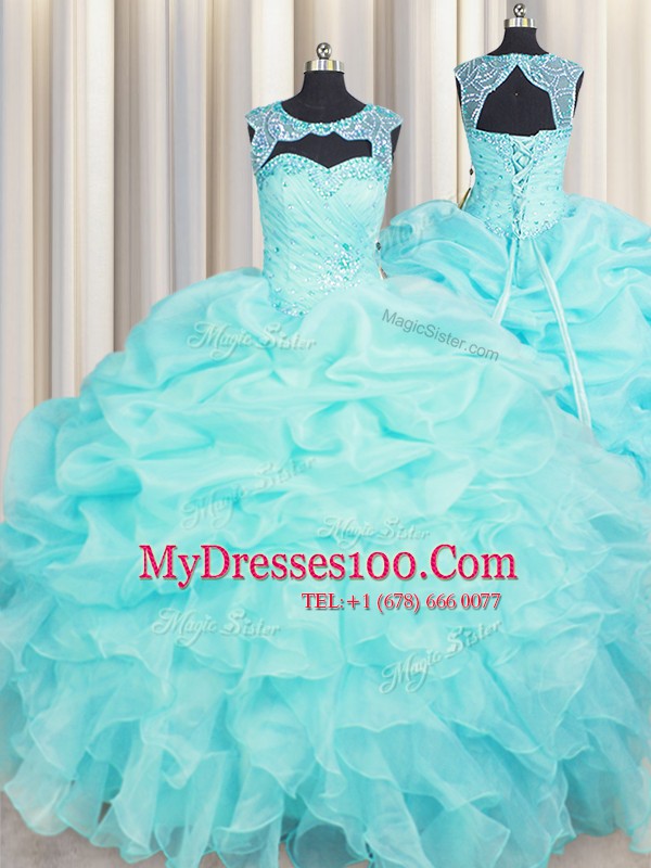 New Arrival Aqua Blue Scoop Neckline Beading and Pick Ups 15th Birthday Dress Sleeveless Lace Up