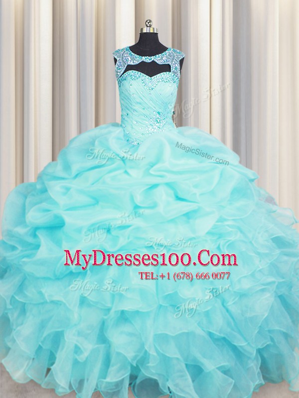 New Arrival Aqua Blue Scoop Neckline Beading and Pick Ups 15th Birthday Dress Sleeveless Lace Up