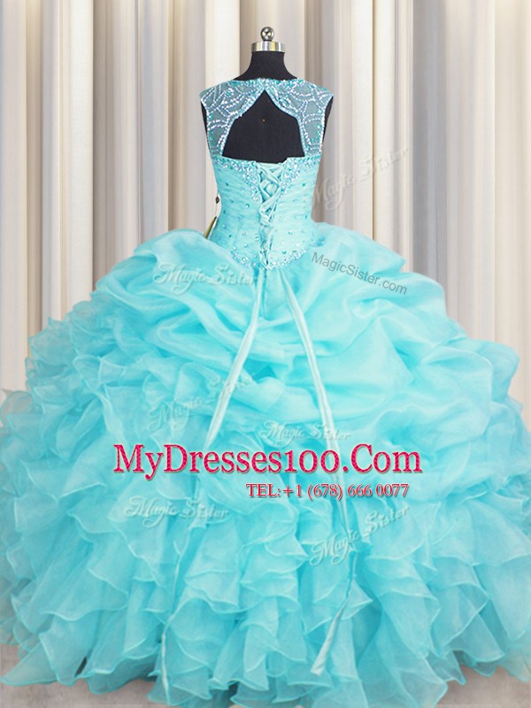 New Arrival Aqua Blue Scoop Neckline Beading and Pick Ups 15th Birthday Dress Sleeveless Lace Up