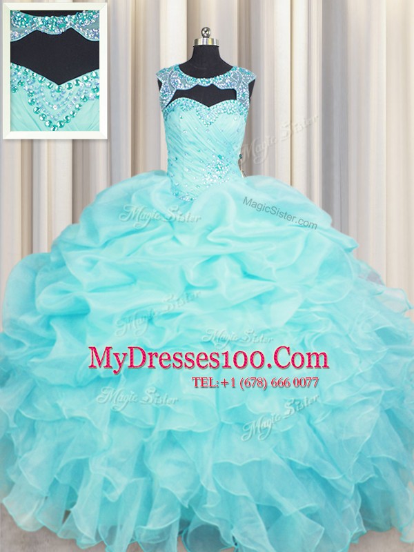 New Arrival Aqua Blue Scoop Neckline Beading and Pick Ups 15th Birthday Dress Sleeveless Lace Up