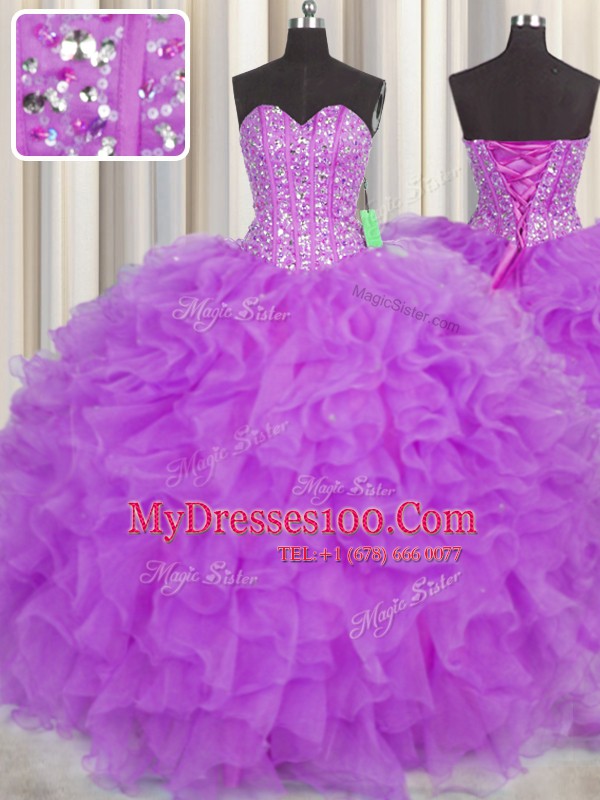 Visible Boning Sweetheart Sleeveless Organza Quinceanera Gown Beading and Ruffles and Sashes ribbons Lace Up