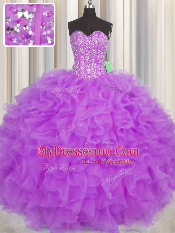 Visible Boning Sweetheart Sleeveless Organza Quinceanera Gown Beading and Ruffles and Sashes ribbons Lace Up