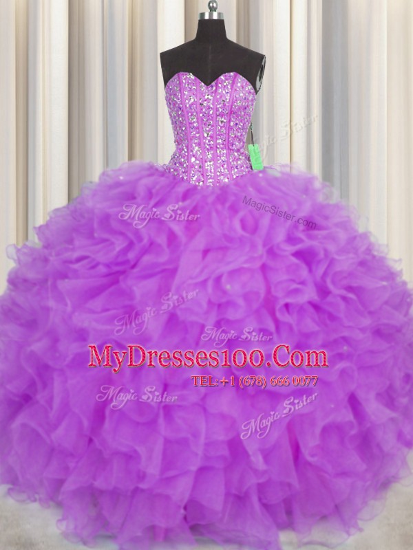 Visible Boning Sweetheart Sleeveless Organza Quinceanera Gown Beading and Ruffles and Sashes ribbons Lace Up
