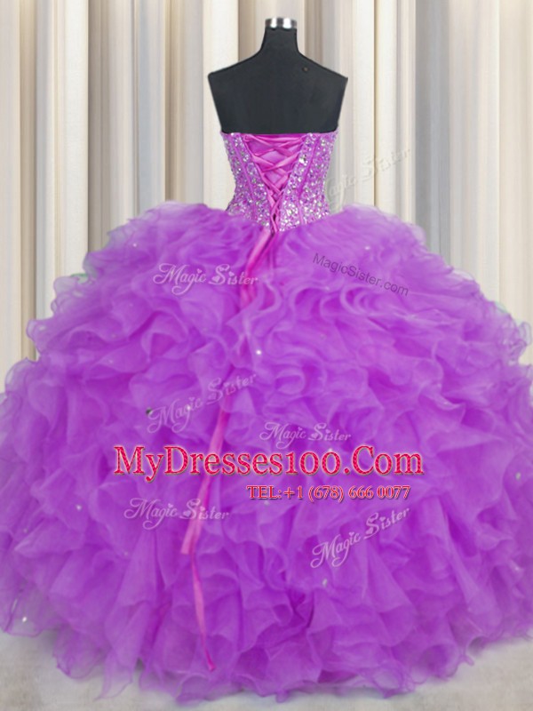 Visible Boning Sweetheart Sleeveless Organza Quinceanera Gown Beading and Ruffles and Sashes ribbons Lace Up