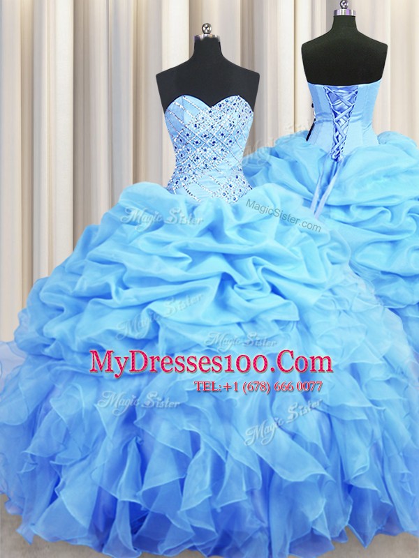 Perfect Sweetheart Sleeveless Organza Sweet 16 Dress Beading and Ruffles and Pick Ups Backless
