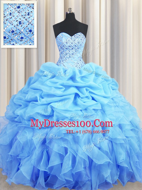 Perfect Sweetheart Sleeveless Organza Sweet 16 Dress Beading and Ruffles and Pick Ups Backless