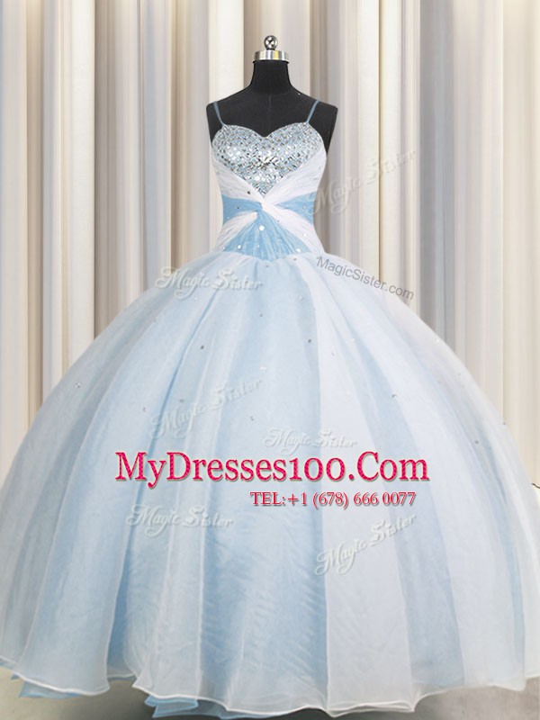 Floor Length Light Blue Vestidos de Quinceanera Spaghetti Straps Sleeveless Lace Up
