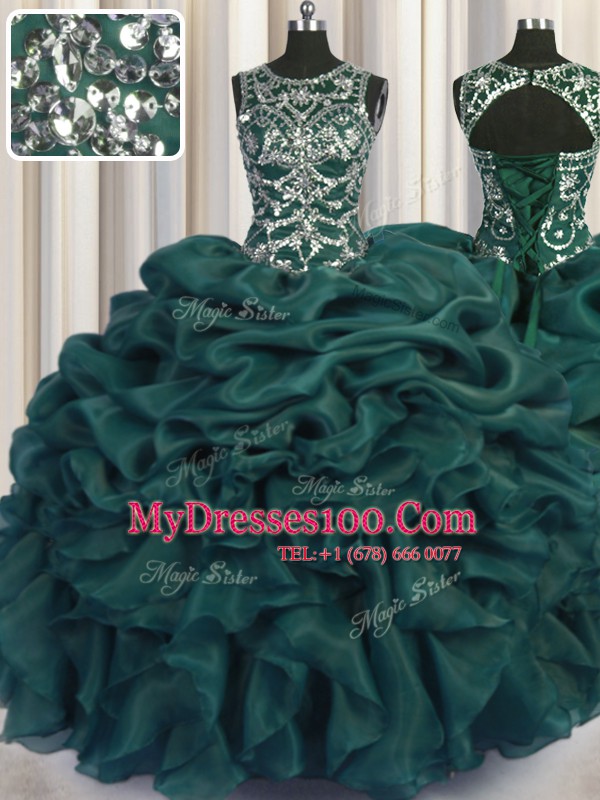 Scoop See Through Teal Organza Lace Up Vestidos de Quinceanera Sleeveless Floor Length Beading and Sequins and Pick Ups