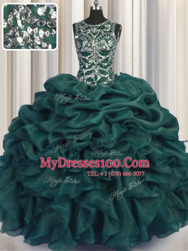 Scoop See Through Teal Organza Lace Up Vestidos de Quinceanera Sleeveless Floor Length Beading and Sequins and Pick Ups