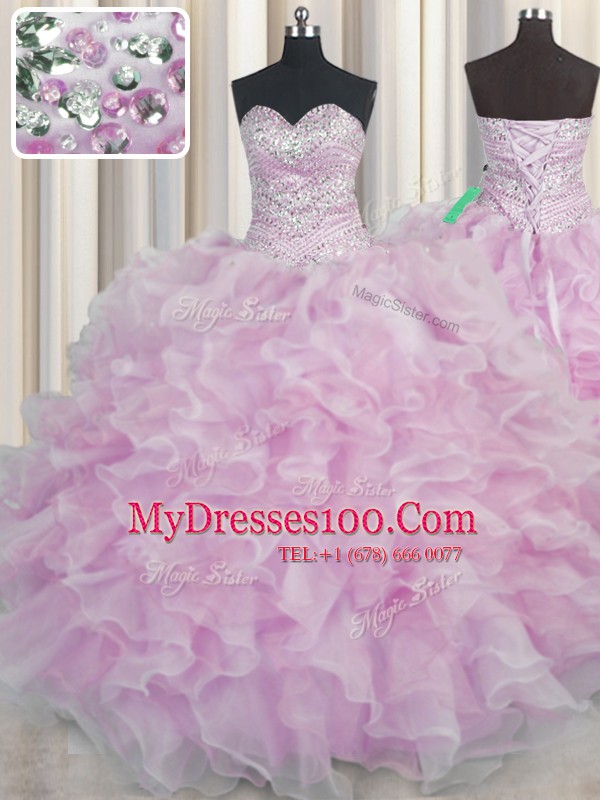 Bling-bling Organza Sleeveless Floor Length Quinceanera Dresses and Beading and Ruffles