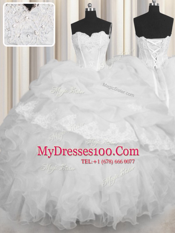 Inexpensive Sweetheart Sleeveless Organza Quinceanera Gown Beading and Appliques and Ruffles and Pick Ups Lace Up