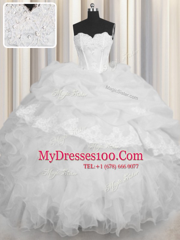 Inexpensive Sweetheart Sleeveless Organza Quinceanera Gown Beading and Appliques and Ruffles and Pick Ups Lace Up