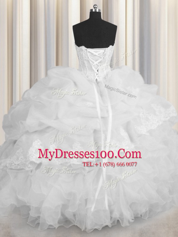 Inexpensive Sweetheart Sleeveless Organza Quinceanera Gown Beading and Appliques and Ruffles and Pick Ups Lace Up