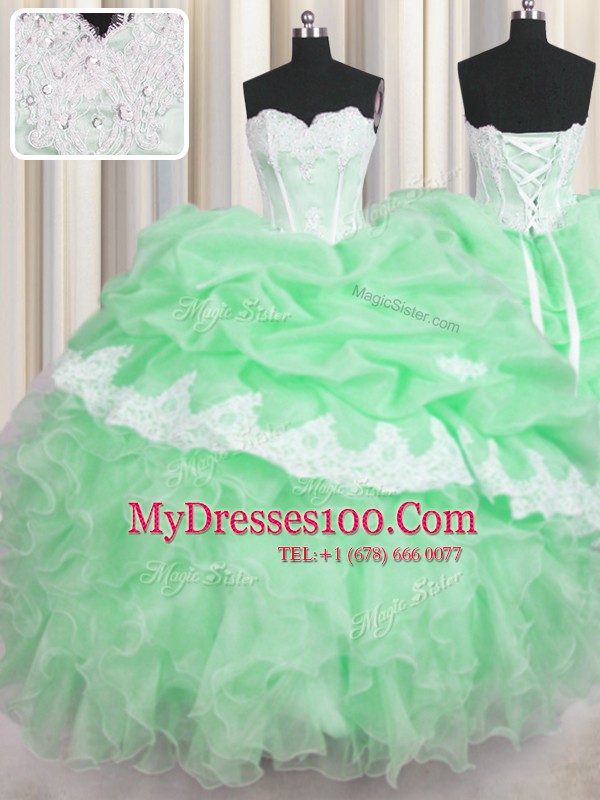 Sweetheart Sleeveless Organza 15 Quinceanera Dress Beading and Appliques and Ruffles and Pick Ups Lace Up