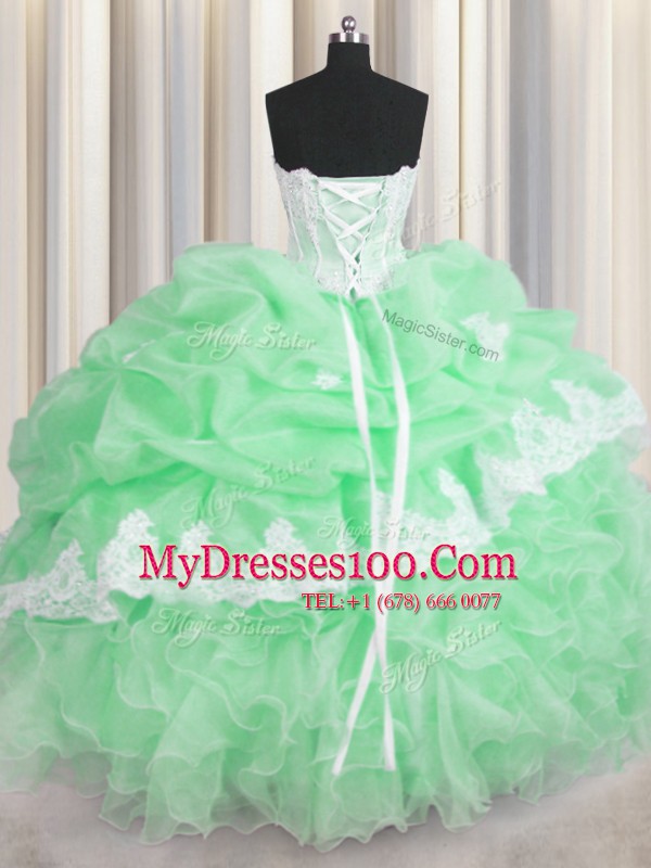 Sweetheart Sleeveless Organza 15 Quinceanera Dress Beading and Appliques and Ruffles and Pick Ups Lace Up
