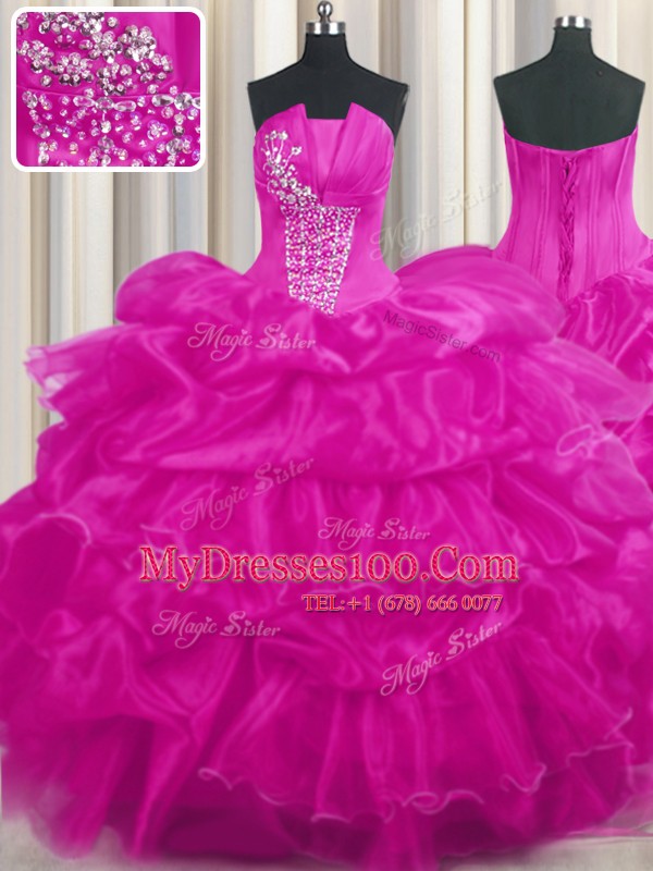 Trendy Organza Strapless Sleeveless Lace Up Beading and Ruffled Layers and Pick Ups Quinceanera Gowns in Hot Pink and Fuchsia