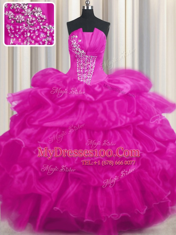 Trendy Organza Strapless Sleeveless Lace Up Beading and Ruffled Layers and Pick Ups Quinceanera Gowns in Hot Pink and Fuchsia