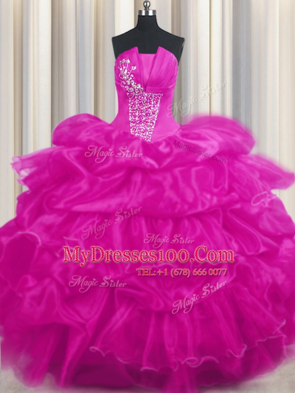 Trendy Organza Strapless Sleeveless Lace Up Beading and Ruffled Layers and Pick Ups Quinceanera Gowns in Hot Pink and Fuchsia