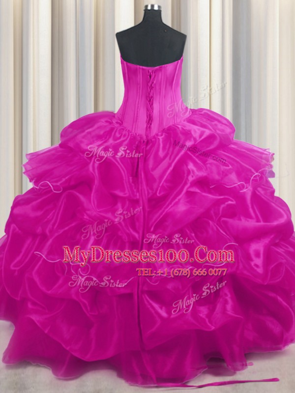 Trendy Organza Strapless Sleeveless Lace Up Beading and Ruffled Layers and Pick Ups Quinceanera Gowns in Hot Pink and Fuchsia
