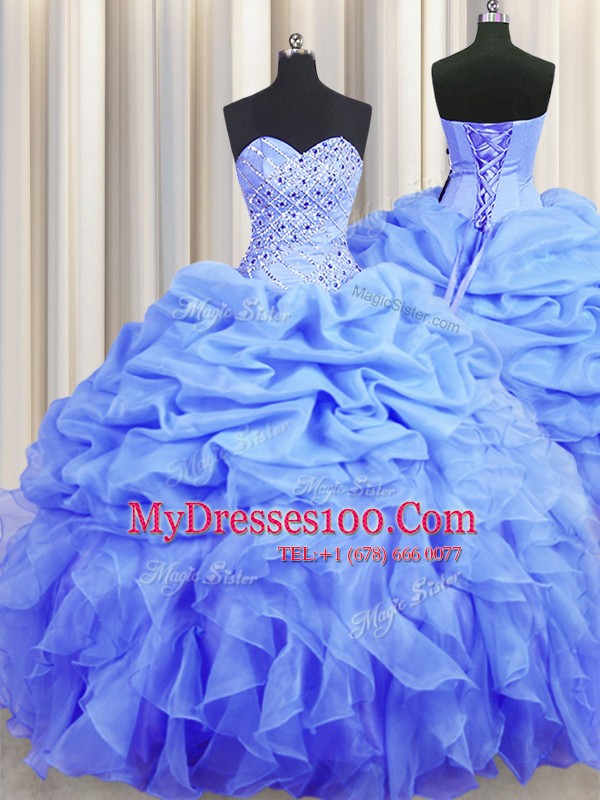 Colorful Blue Sweetheart Neckline Beading and Ruffles and Pick Ups Quince Ball Gowns Sleeveless Lace Up
