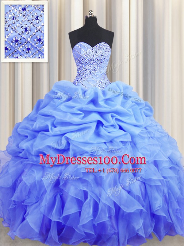 Colorful Blue Sweetheart Neckline Beading and Ruffles and Pick Ups Quince Ball Gowns Sleeveless Lace Up
