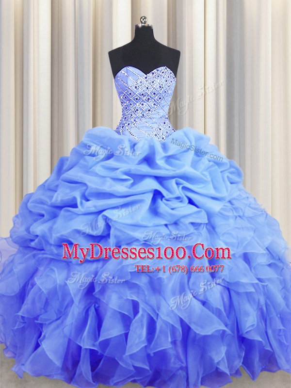 Colorful Blue Sweetheart Neckline Beading and Ruffles and Pick Ups Quince Ball Gowns Sleeveless Lace Up