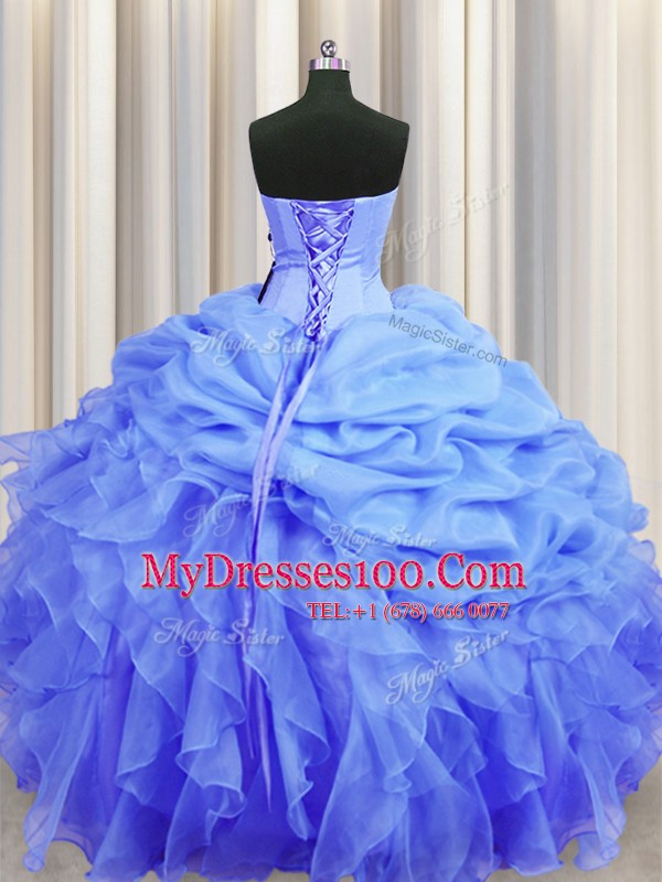Colorful Blue Sweetheart Neckline Beading and Ruffles and Pick Ups Quince Ball Gowns Sleeveless Lace Up