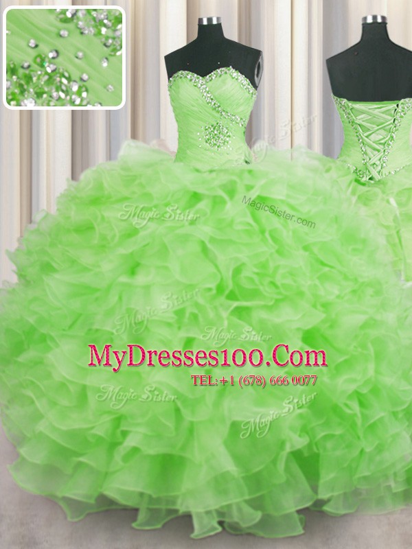 New Arrival Sleeveless Floor Length Beading and Ruffles Lace Up Vestidos de Quinceanera with