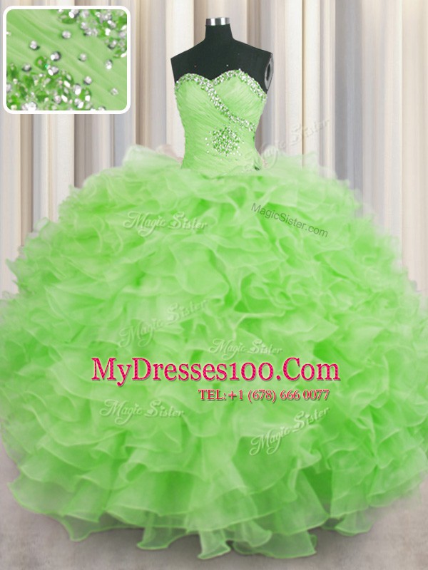 New Arrival Sleeveless Floor Length Beading and Ruffles Lace Up Vestidos de Quinceanera with